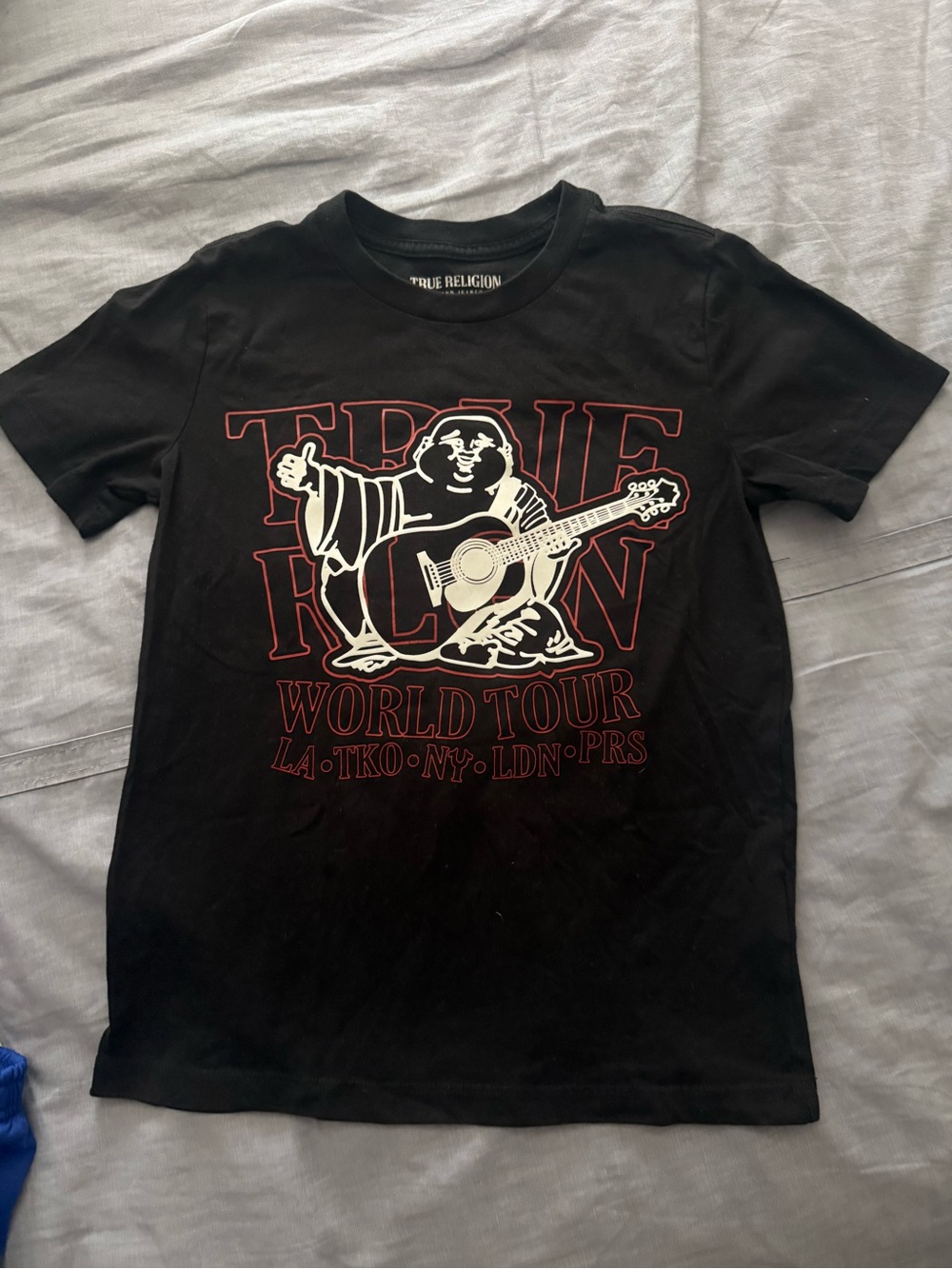 True Religion Black Tee with Red & White Graphic Buddha Guitar